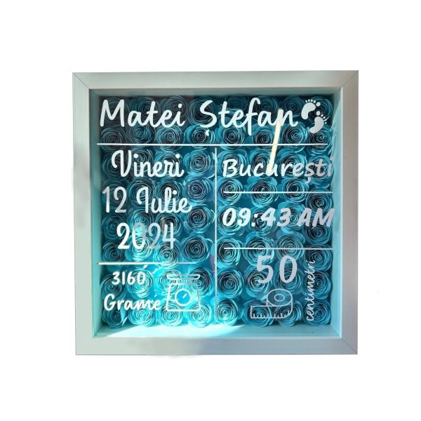 Shadow Box pentru nou-născut – personalizat cu flori din hârtie și detalii de la naștere - AMB507004