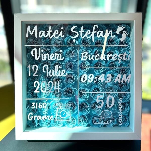 Shadow Box pentru nou-născut – personalizat cu flori din hârtie și detalii de la naștere - AMB507004 - imagine 3