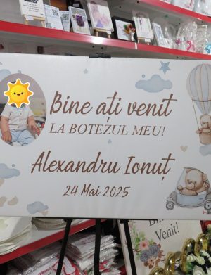 Tablou Bine Ați Venit! botez, Ursuleți de Plus, personalizat cu fotografie, dim. 90×60 cm – ILIF507021