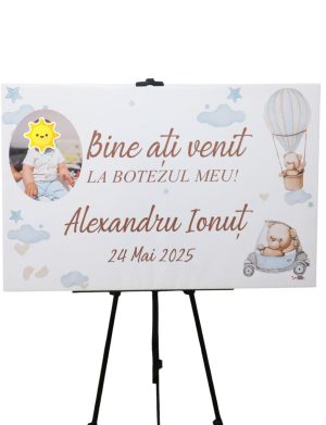 Tablou Bine Ați Venit! botez, Ursuleți de Plus, personalizat cu fotografie, dim. 90x60 cm - ILIF507021