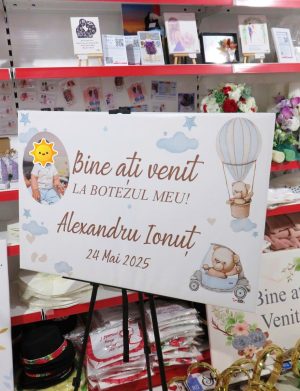 Tablou Bine Ați Venit! botez, Ursuleți de Plus, personalizat cu fotografie, dim. 90×60 cm – ILIF507021