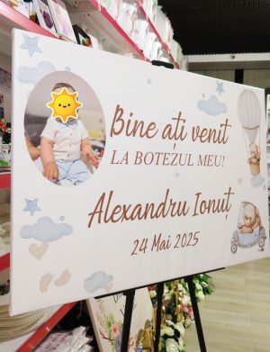 Tablou Bine Ați Venit! botez, Ursuleți de Plus, personalizat cu fotografie, dim. 90×60 cm – ILIF507021