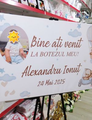 Tablou Bine Ați Venit! botez, Ursuleți de Plus, personalizat cu fotografie, dim. 90×60 cm – ILIF507021