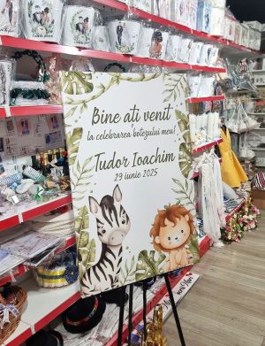 Tablou Bine Ați Venit! pentru botez, Tematică Safari, dim. 60×90 cm – ILIF507022