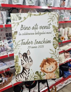Tablou Bine Ați Venit! pentru botez, Tematică Safari, dim. 60×90 cm – ILIF507022