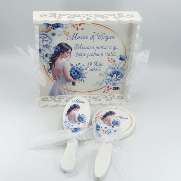 Tăviță gătit mireasa, Flori Albastre, tăviță dantelată personalizată, 3 piese - ILIF507034 - imagine 4