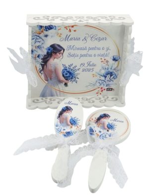 Tăviță gătit mireasa, Flori Albastre, tăviță dantelată personalizată, 3 piese - ILIF507034