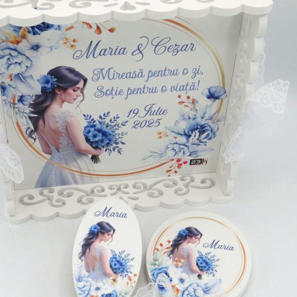 Tăviță gătit mireasa, Flori Albastre, tăviță dantelată personalizată, 3 piese - ILIF507034 - imagine 2