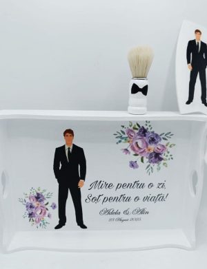 Tăviță pentru Gătitul Mirelui, model personalizat cu 3 piese, flori mov – FEIS507007