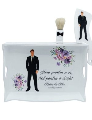 Tăviță pentru Gătitul Mirelui, model personalizat cu 3 piese, flori mov - FEIS507007