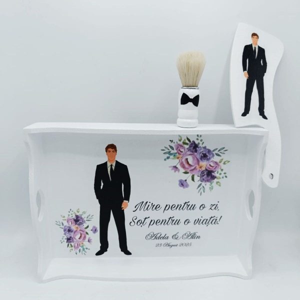 Tăviță pentru Gătitul Mirelui, model personalizat cu 3 piese, flori mov - FEIS507007 - imagine 2