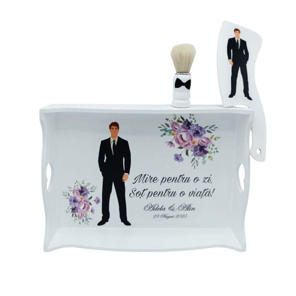 Tăviță pentru Gătitul Mirelui, model personalizat cu 3 piese, flori mov - FEIS507007