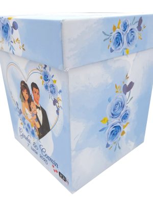 Cutie dar (bani) nunta & botez, personalizata, Miri si Bebe, bleu, dim. 21x21x26 cm – MIBC507006