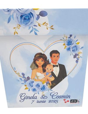 Cutie dar (bani) nunta & botez, personalizata, Miri si Bebe, bleu, dim. 21x21x26 cm – MIBC507006