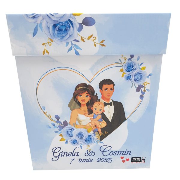 Cutie dar (bani) nunta & botez, personalizata, Miri si Bebe, bleu, dim. 21x21x26 cm - MIBC507006