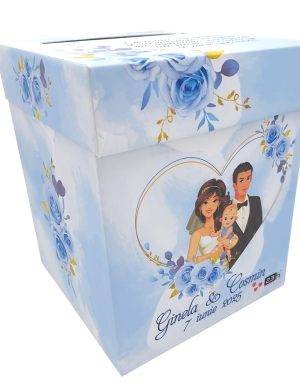 Cutie dar (bani) nunta & botez, personalizata, Miri si Bebe, bleu, dim. 21x21x26 cm – MIBC507006