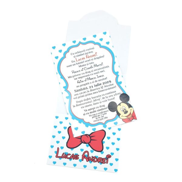 Invitatie botez baietel, cu plic personalizat, model Mickey cu buline inimioare bleo - MIBC507028 - imagine 3