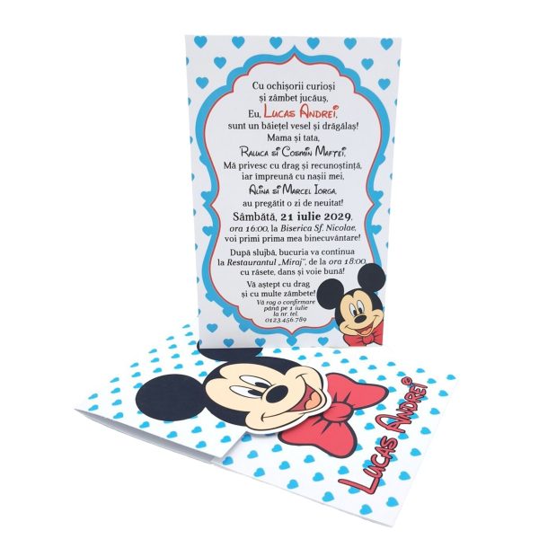 Invitatie botez baietel, cu plic personalizat, model Mickey cu buline inimioare bleo - MIBC507028 - imagine 7