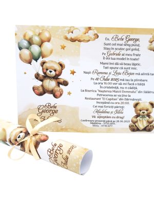 Invitatie rulata botez, tip papirus, crem ursuleti cu baloane si norisori – MIBC507008