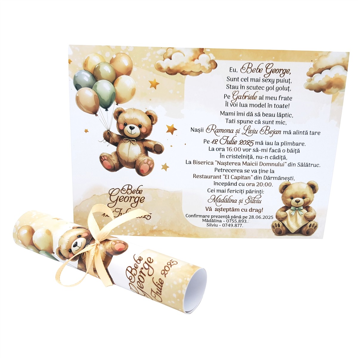 invitatie botez fetita baietel ursulet crem baloane personalizata nori