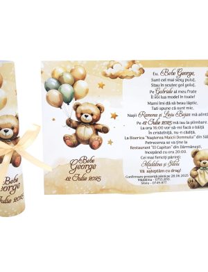 Invitatie rulata botez, tip papirus, crem ursuleti cu baloane si norisori – MIBC507008