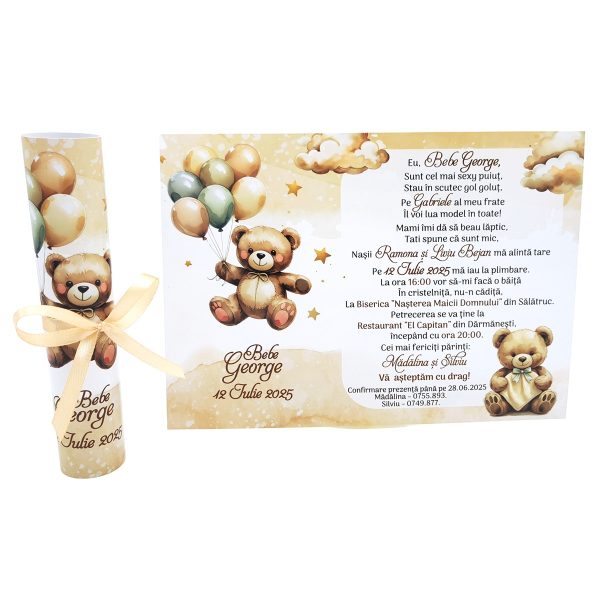 Invitatie rulata botez, tip papirus, crem ursuleti cu baloane si norisori - MIBC507008 - imagine 4