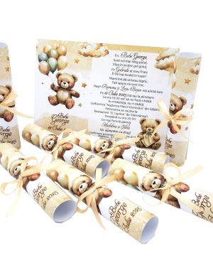 Invitatie rulata botez, tip papirus, crem ursuleti cu baloane si norisori – MIBC507008
