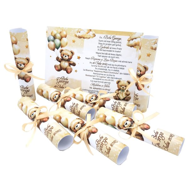 Invitatie rulata botez, tip papirus, crem ursuleti cu baloane si norisori - MIBC507008 - imagine 2