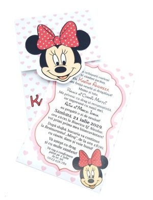 Invitatie botez fetiță, cu plic personalizat, model Minnie cu buline inimioare roz – MIBC507029