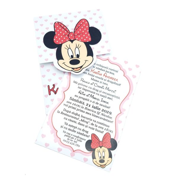 Invitatie botez fetiță, cu plic personalizat, model Minnie cu buline inimioare roz - MIBC507029 - imagine 3