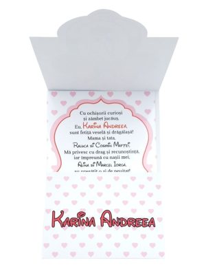 Invitatie botez fetiță, cu plic personalizat, model Minnie cu buline inimioare roz – MIBC507029