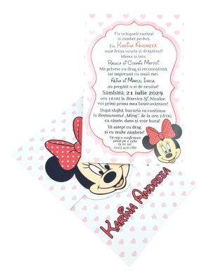 Invitatie botez fetiță, cu plic personalizat, model Minnie cu buline inimioare roz – MIBC507029