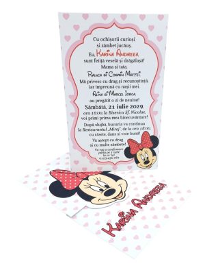 Invitatie botez fetiță, cu plic personalizat, model Minnie cu buline inimioare roz – MIBC507029