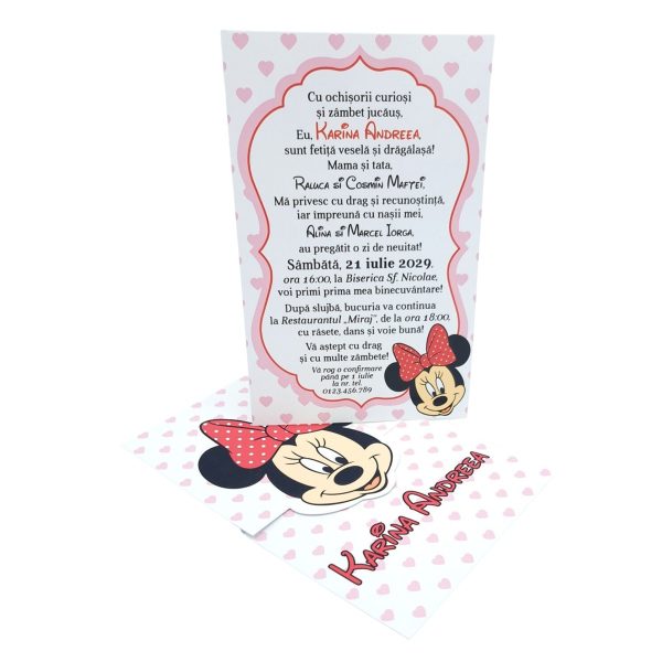 Invitatie botez fetiță, cu plic personalizat, model Minnie cu buline inimioare roz - MIBC507029 - imagine 5