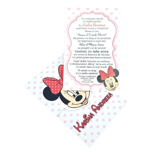 Invitatie botez fetiță, cu plic personalizat, model Minnie cu buline inimioare roz - MIBC507029 - imagine 2