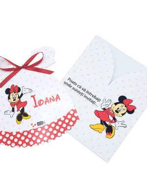 Invitatie botez Rochita cu plic personalizat, model Minnie cu buline, pentru fetita – MIBC507030