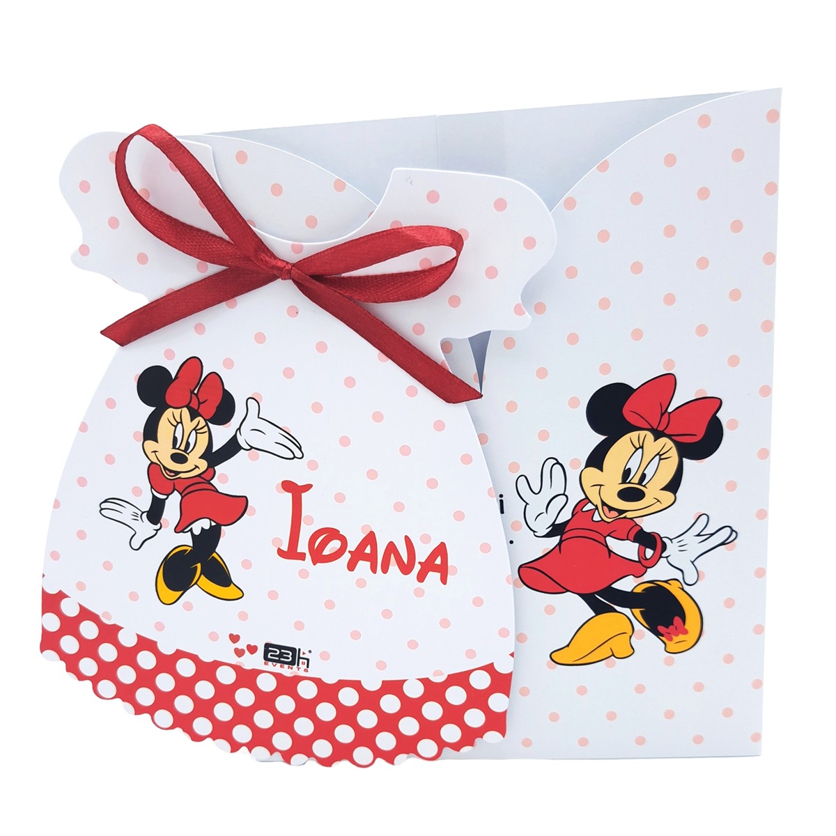 invitatie botez fetita rochita personalizata cu buline minnie mouse rosu roz 1