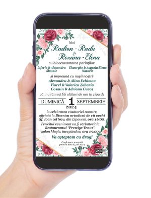 Invitație digitală nunta, bujori rosii si frunze verzi – MIBC507037
