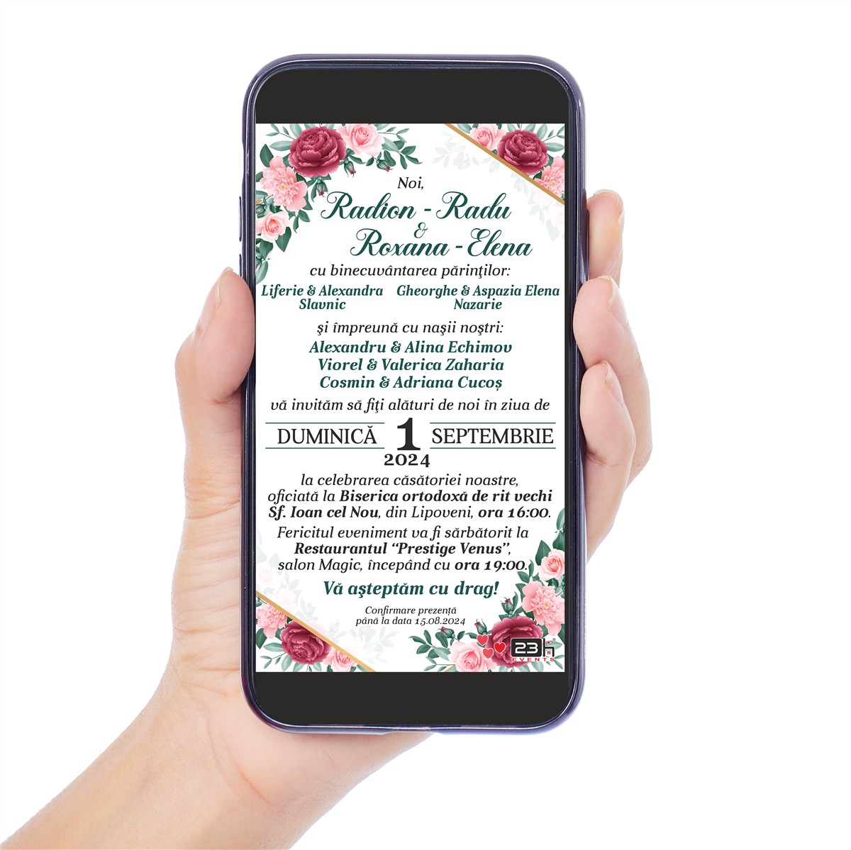 invitatie digitala nunta bujori rosu grena verde alb 3