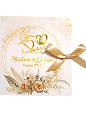 Invitatie nunta 25 ani tip Carte, cu fundita crem, model boho, crem auriu – MIBC507010