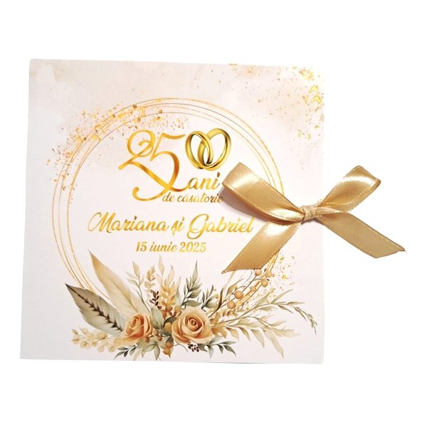 Invitatie nunta 25 ani tip Carte, cu fundita crem, model boho, crem auriu – MIBC507010