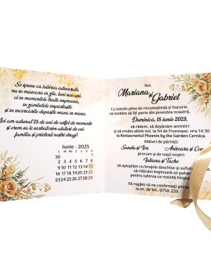 Invitatie nunta 25 ani tip Carte, cu fundita crem, model boho, crem auriu – MIBC507010