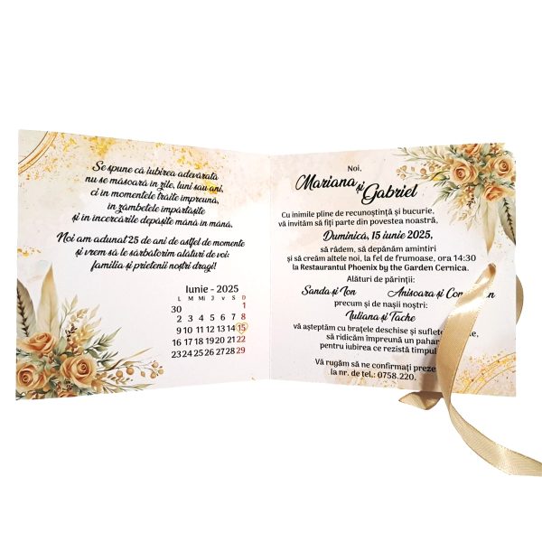 Invitatie nunta 25 ani tip Carte, cu fundita crem, model boho, crem auriu – MIBC507010 - imagine 2