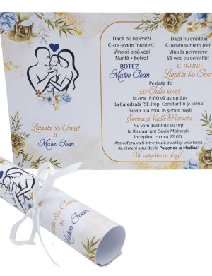 Invitatie rulata nunta si botez, tip papirus, cuplu cu bebe baitele, nuante de alb, auriu si bleo – MIBC507012