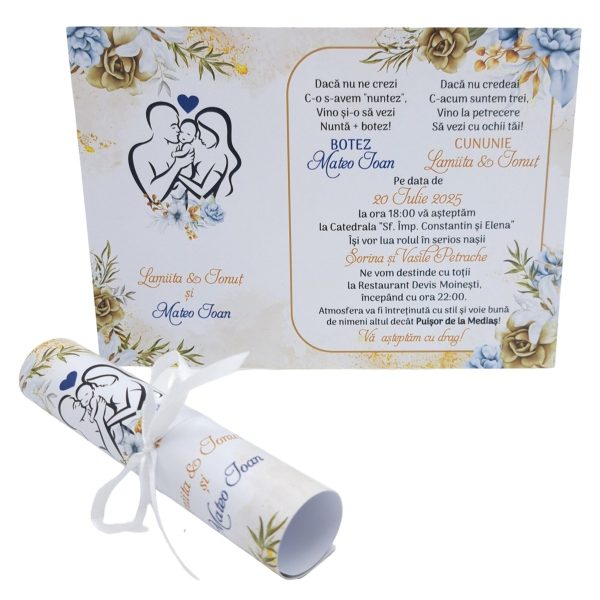 Invitatie rulata nunta si botez, tip papirus, cuplu cu bebe baitele, nuante de alb, auriu si bleo - MIBC507012 - imagine 2