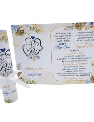Invitatie rulata nunta si botez, tip papirus, cuplu cu bebe baitele, nuante de alb, auriu si bleo – MIBC507012