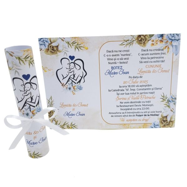 Invitatie rulata nunta si botez, tip papirus, cuplu cu bebe baitele, nuante de alb, auriu si bleo - MIBC507012