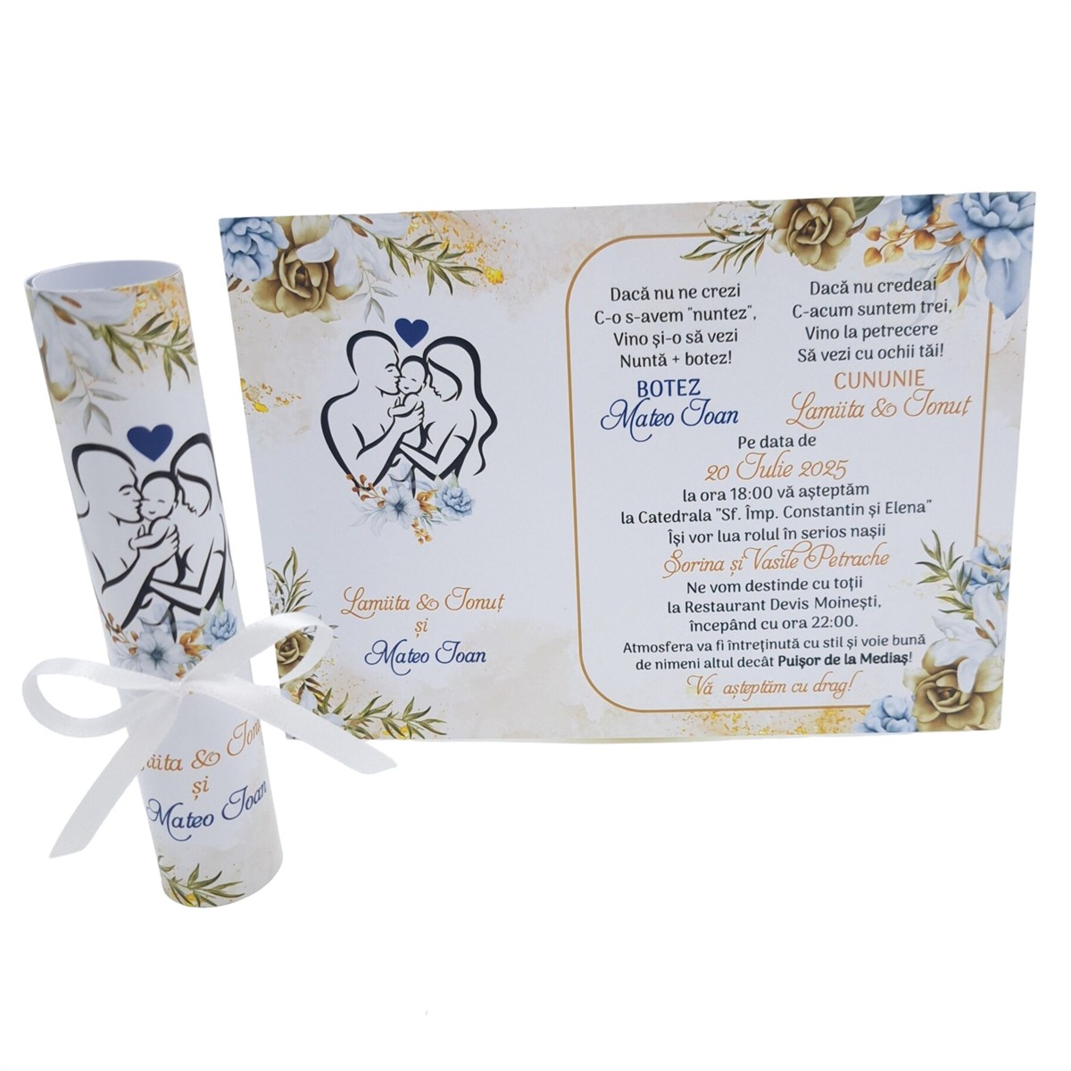 invitatie nunta botez crem auriu bleo baietel cuplu 3