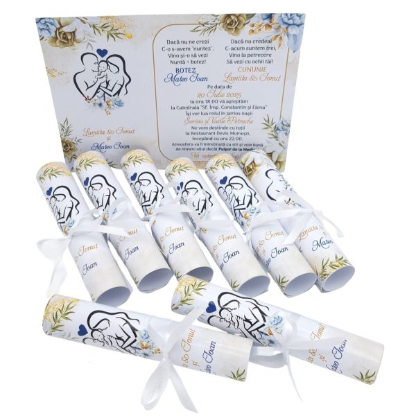 Invitatie rulata nunta si botez, tip papirus, cuplu cu bebe baitele, nuante de alb, auriu si bleo - MIBC507012 - imagine 4