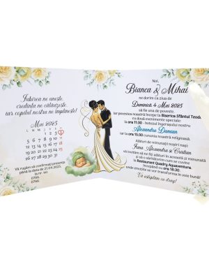 Invitatie nunta si botez ani tip Carte, cu fundita crem, model in nuante de cre cu elemente verzi, cuplu miri si bebe – MIBC507013